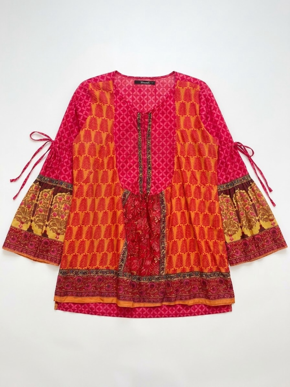 Khaadi Women Size 12 Kurti Tunic Top Cotton Boho Print Bell Sleeve Pink Orange
